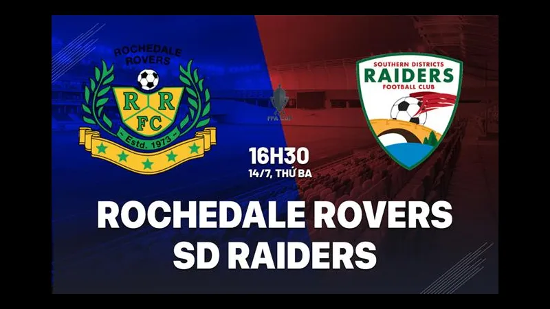 Hậu vệ Rochedale đang ngăn chặn cầu thủ SD Raiders tiếp cận khu vực cấm địa