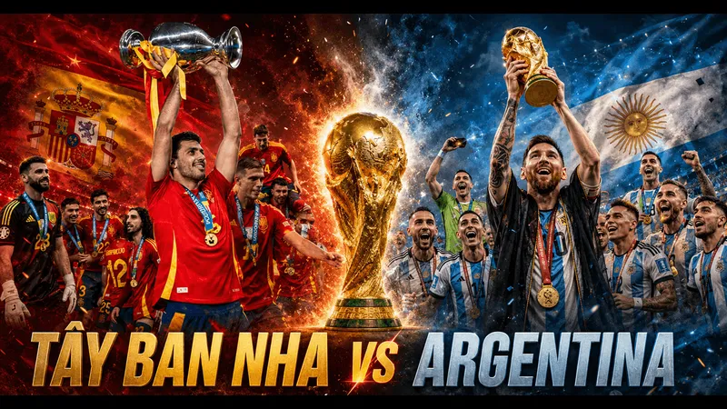 Cầu thủ Tây Ban Nha và Argentina đang tranh chấp trên sân